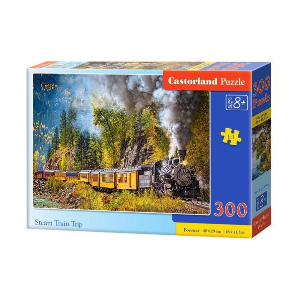 Puzzle de 300 de piese cu Steam Train Trip Dimensiuni cutie 325×225×5cm Dimensiune puzzle 40×29cm Pentru cei cu varste de peste 8 ani