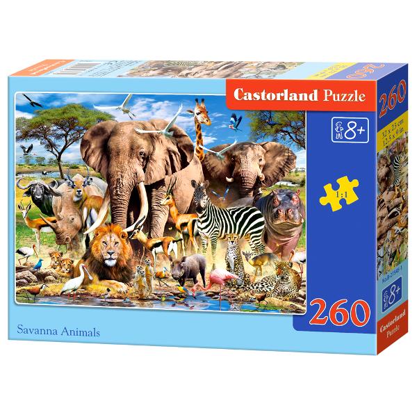 Puzzle de 240 de piese mari cu animalele din savana Dimensiuni cutie 325×225×5 cm Dimensiuni Puzzle 59×40 cm Recomandat copiilor cu vârste de peste 4 ani