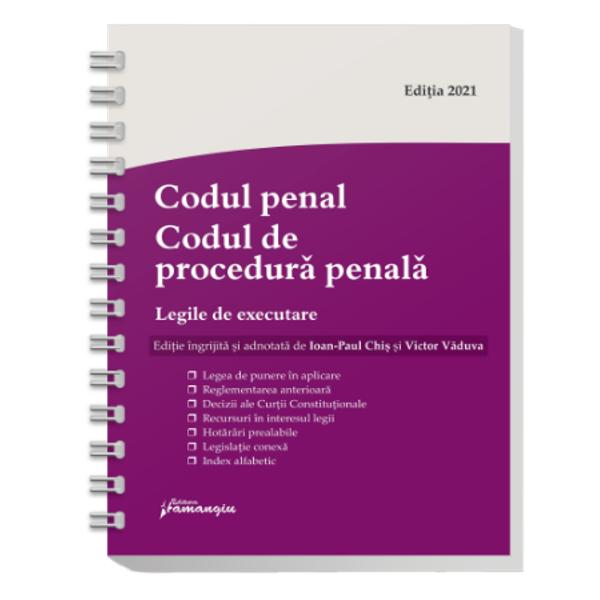 Codul penal Codul de procedura penala Legile de executare reuneste cele doua coduri penale in vigoare si pe langa acestea include si cele doua legi de executare a pedepselor a masurilor privative si neprivative de libertate – Legile nr 253 si nr 254 din 2013 toate actualizate la data de 8 noiembrie 2021Precum toate lucrarile din seria de legislatie a Editurii Hamangiu Codul penal Codul de procedura penala Legile de 