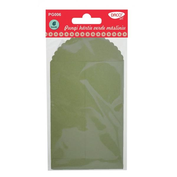 Pungi hartie verde masliniu ideale pentru impachetarea de mici cadouri sau realizarea de proiecte de lucru manualSetul contine 6 bucati de 13 x 235 cm