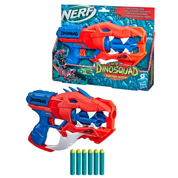 Intra in echipa dinozaurilor legendari ca membru al elitei DinoSquad Stapaneste extraordinara forta a celor mai impunatori dinozauri si lanseaza-te in aventuri extraordinare Afla ce inseamna distractia feroce cu blasterul Raptor-Slash Nerf DinoSquad Are un design extraordinar de dinozaur preluand aspectul unui velociraptor Blasterul are o magazie rotativa cu o capacitate de 6 sageti astfel incat sa poti lansa 6 sageti la rand Blasterul este conceput astfel incat sagetile sa iasa din 