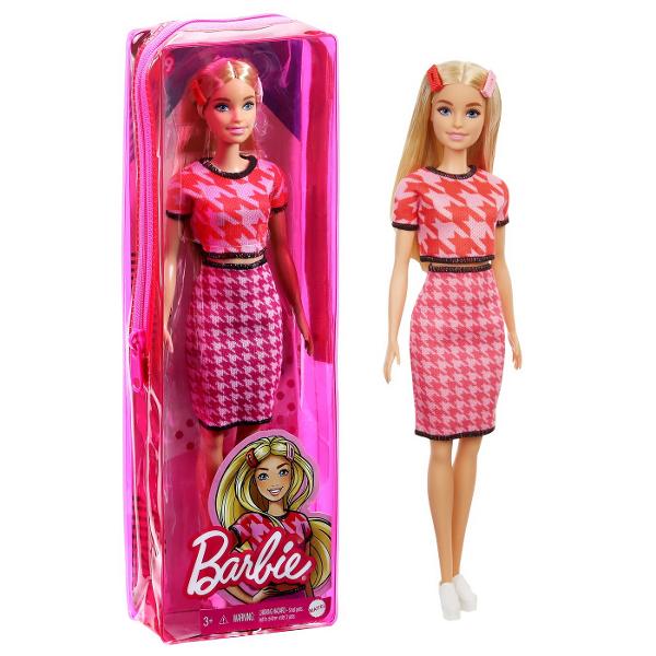 Fashionistas este una dintre celebrele colectii Barbie oferind o gama larga de papusi cu diferite stiluri si accesorii introducand conceptul de diversitate si acceptare in randul fetelor Papusa are propriul stil inspirat de ultimele tendinte ale modei si vine impreuna cu tinute incaltaminte si accesorii chic Papusa Barbie este imbracata cu o rochita deosebita portocalie cu buline colorate Colierul si incaltamintea se asorteaza si completeaza tinuta Papusa este satena si are o inaltime 