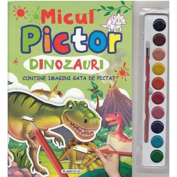 Contine imagini cu dinozauri gata de pictat Include 1 pensula si paleta cu acuarele 10 culori Imaginile sunt de mari dimensiuni cu contur gros si precis pentru a fi usor de pictat Conturul desenelor este colorat pentru a sugera cu ce nuanta poate fi pictata imaginea