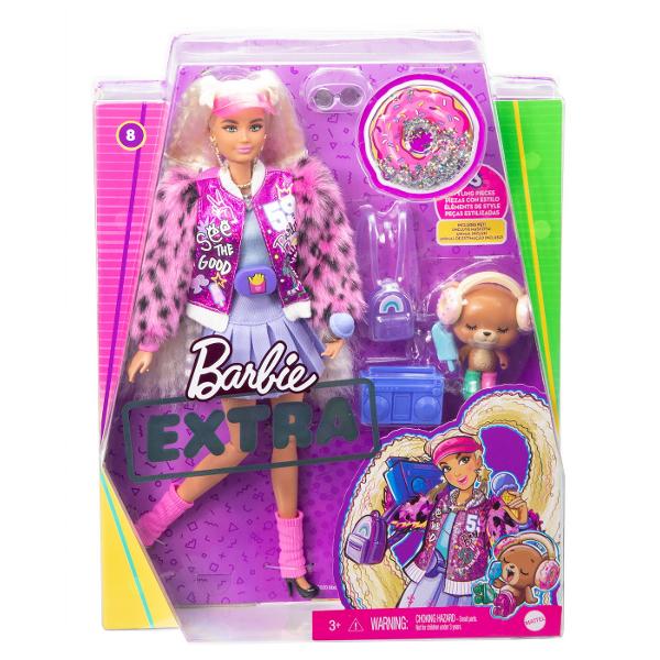 Papusile Barbie Extra etaleaza tinute indraznete si culori vii si iau atitudine Fiecare papusa Barbie are propriul stil jucaus si exagerat Iar animalele lor de companie fiecare diferit si adorabil au si ele o personalitate puternica Barbie Extra permite copiilor sa exploreze exprimarea de sine prin stil si ofera o experienta de moda si stilizare captivanta cu papusi articulate Reprezinta distractie cu moda cu sclipici ursuleti gumati emoji si par distinctiv aducand un vibe EXTRA 