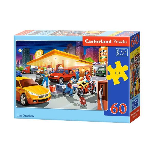 Puzzle de 60 de piese cu Gas Station Dimensiuni cutie245×175×37 cm Dimensiune puzzle 32×23 cm Recomandat pentru persoanele cu varste peste 5 ani