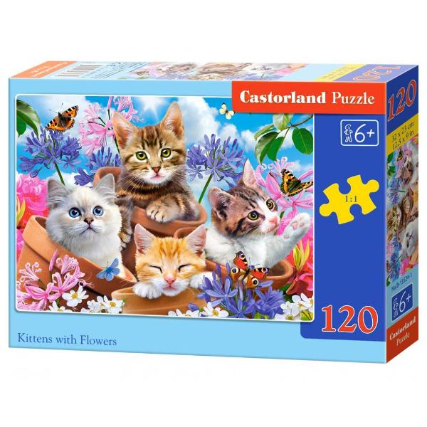 Puzzle de 120 de piese cu Kittens with Flowers Dimensiuni cutie 245×175×37 cm Dimensiune puzzle 32×23 cm Pentru cei cu varste peste 6 ani