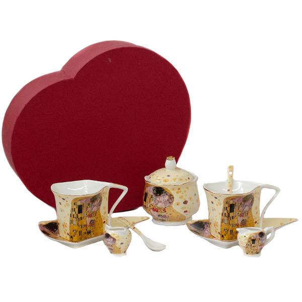 Set de ceramica pentru ceai sau cafea Klimt 116Setul include 2 cani cu farfurioara si lingurite un recipient cu capac pentru zahar si 2 cescute pentru lapte