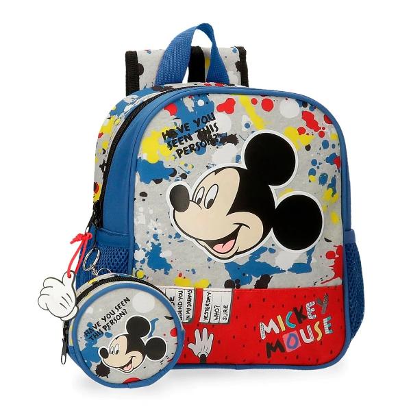 Ghiozdan gradinita din material poliester care este flexibil si usor 1 compartiment culoare multicolor cu imprimeu personaj Mickey Mouse bretele sunt ajustabile pentru o purtare confortabila si ergonomice care se adapteaza perfect la spate dimensiune 21x25x10 cm capacitate 5 litri ghiozdanul are ca accesorii mini borseta si un breloc care completeaza designul ghiozdanul poate fi transportata in mana de maner sau in spate cu ajutorul bretelelor maner superior ghiozdanul este 