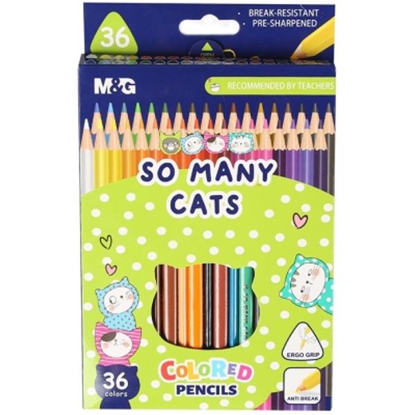 Creioane colorate triunghiulare M&G So many cats 36 culori set- set de 36 creioane colorate- corp triunghiular al creioanelor pentru o apucare ergonomic&259; &537;i folosire facil&259;- ambalaj creioane colorate cu design So many cats- mine pe baza de ulei &537;i cu rezisten&539;&259; la rupere- culori str&259;lucitoare cu efect de aplicare lin&259; gra&539;ie produc&259;torului MARCO- creioane colorate preascutite îns&259; u&537;or 