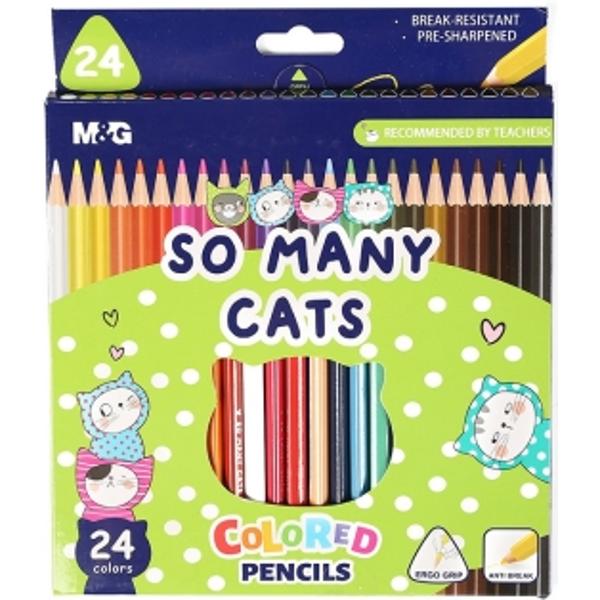 Creioane colorate triunghiulare M&G So many cats 24 culoriset- set de 24 creioane colorate- corp triunghiular al creioanelor pentru o apucare ergonomic&259; &537;i folosire facil&259;- ambalaj creioane colorate cu design So many cats- mine pe baz&259; de ulei &537;i cu rezisten&539;&259; la rupere- culori str&259;lucitoare cu efect de aplicare lin&259; gra&539;ie produc&259;torului MARCO- creioane colorate preascutite îns&259; 