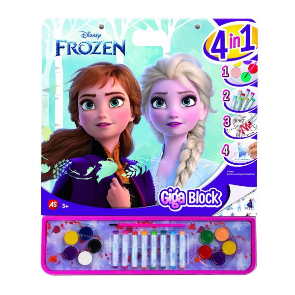 Setul pentru desen Giga Block 4 in 1 pune la dispozitia copilului 8 creioane cerate 10 culori de acuarela autocolante 1 pensula si sabloane cu eroinele preferate Elsa si Ana Frozen Cu acest set copilul poate desena decora colora si crea adevarate opere de arta beneficiind de un joc relaxant si creativ Prin desen copilul va putea invata culorile si nuantele formele si notiunea de marimi Setul reprezinta o idee de cadou perfect pentru fiecare copil care iubeste distractia 