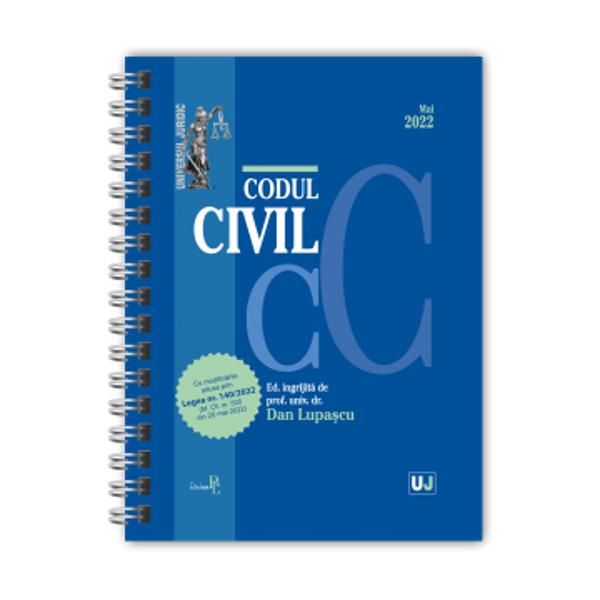 Lucrarea Codul civil Mai 2022 editie spiralata ingrijita de prof univ dr Dan Lupascu si tiparita pe hartie alba de calitate superioara contine textul Codului civil actualizat cu modificarile substantiale aduse prin Legea nr 1402022 privind unele masuri de ocrotire pentru persoanele cu dizabilitati intelectuale si psihosociale M Of nr 500 din 20 mai 2022 si imbogatit cu dispozitii de aplicare si conexe cu extrase din Constitutia Romaniei cu decizii CNA cu 