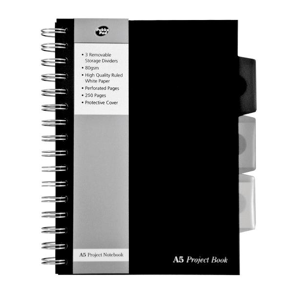 Caiet cu spirala si separatoare Pukka Pads Black Project Book A5 matematica 250 pagini 