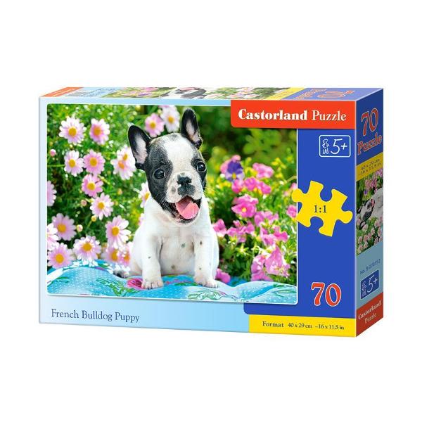 Puzzle de 70 de piese cu French Bulldog Puppy Dimensiuni puzzle 49×29 cm Recomandat pentru persoanele cu varste peste 5 ani