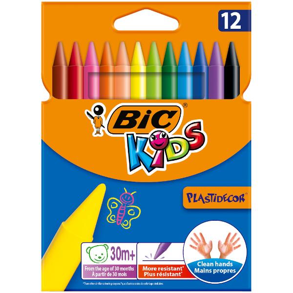Fie ca vorbim de casa sau scoala creioane colorante BIC Kids Plastidecor sunt perfecte pentru a introduce copiii in lumea minunata de colorare si desen incepand de la 30 de luni Curcubeul de 12 culori include nuante vibrante si metalice care dau frau liber imaginatiei micilor nostri artisti Aceste creioane sunt de 12 cm lungime in loc de standardul de 17 cm astfel incat se potrivesc perfect in mainile mici Cilindrul este foarte durabil iar creionul in sine este mai puternic decat 