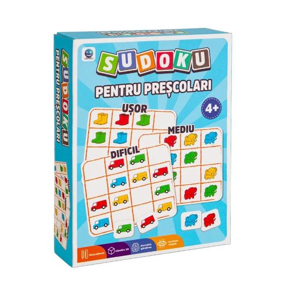  Tip produsEducativCuloareMulticolorPentruFete BaietiVarsta3 - 4 ani 4 - 5 ani 5 - 6 aniNumar jucatori1 - 2 Sudoku este un joc usor placut si este unul dintre cele mai populare jocuri din lumeSudoku Pentru Prescolari are ca scop plasarea a 4 imagini cu teme specifice pregatite conform 4x4 in 24 