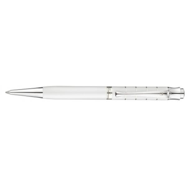 Ball pen with push action mechanism in sterling silver 925 brilliant white lacquered with ring-pattern