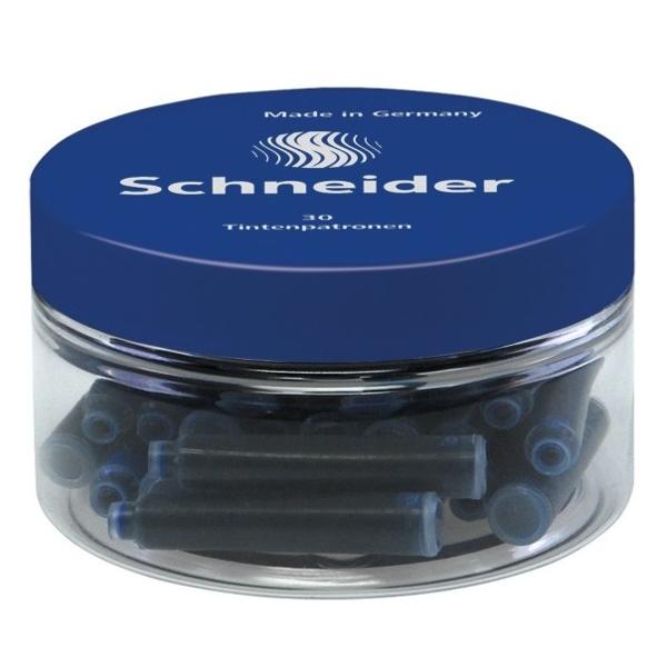 Rezerva de cerneala Schneider standard sigilata cu bilaPatroanele Schneider se potrivesc stilourilor si rollerelor care folosesc acest sistem de incarcareDimensiune standardCuloare albastruUn borcan contine 30 de bucati