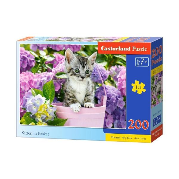 Puzzle de 200 piese cu Kitten in Basket Puzzle-ul are dimensiunile 49 x 29 cm Pentru varste peste 7 ani
