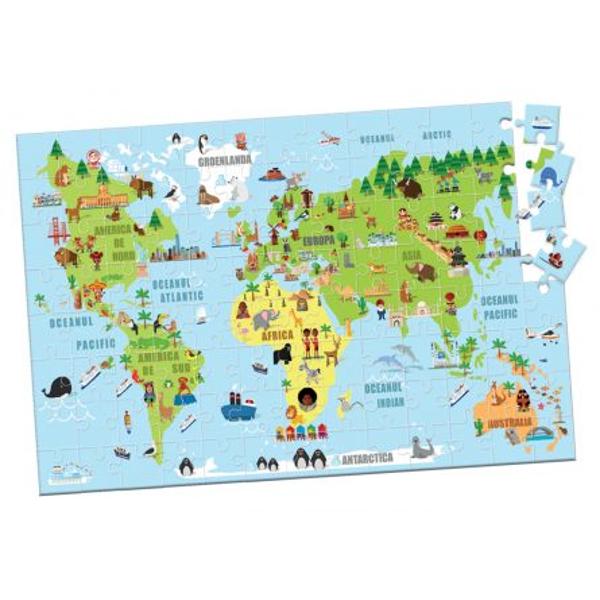 Acest puzzle le ofer&259; celor mici &537;ansa de a c&259;l&259;tori în jurul lumii &537;i îi ajut&259; s&259; înve&539;e într-un mod simplu educativ &537;i distractiv despre cele mai importante atrac&539;ii &537;i simboluri ale fiecarui continent precum &537;i primele no&539;iuni de geografieCu ajutorul ilustra&539;iilor copiii vor putea vizualiza &537;i memora specificul fiec&259;rei regiuni în timp ce admir&259; animale specifice 