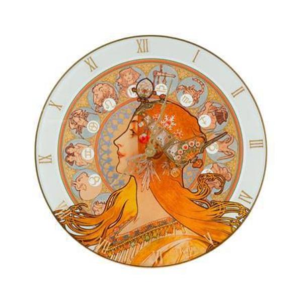 Ceas de perete cu diametrul de 30 cm confectionat din sticla pictata cu motiv Zodiac reproducere dupa Alphonse Mucha produs de catre&160;Goebel Porzellan