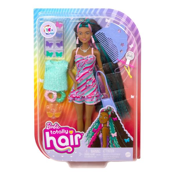 Inspirata de papusa Barbie cel mai bine vanduta care a facut furori pentru prima data acum 30 de ani papusa Barbie Totally Hair cu tema fluturelui se mandreste cu propria ei coafura textura de par si look vestimentar Papusa are 85 inch de par foarte lung cu care va puteti juca si include peste 15 piese suplimentare inclusiv 8 agrafe de par cu schimbare de culoare accesorii pentru coafare si o moda suplimentara Papusa Barbie are o forma originala a corpului si include dungi roz si 