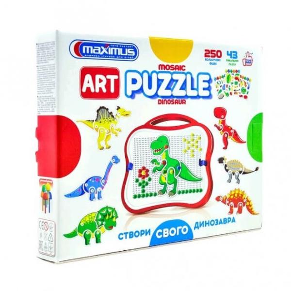 Mozaic cu 250 de piese colorate 6 culori 43 de puzzle-uri cu dinozauriPoate fi folosit pentru a construi multe imagini interesante figurine animale &537;i alte structuriDimensiune pachet 32x26x5 cmAmbalare CutieVarsta 3