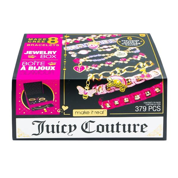 Fetitele vor fi incantate de aceasta cutie de bijuterii Juicy Couture Nu numai ca fetitele pot crea bijuterii minunate dar acum pot sa le si depoziteze Caracteristici- Setul contine 1 caseta pentru bijuterii 6 talismane Juicy 3 margele Juicy pentru inchidere 1 bratara lant 3 fire colorate de satin fiecare are 2 m 1 fir elastic transparent de 4 m 360 margele colorate 2 seturi cercei cu clips 1 foaie cu stikere decorative manual de 