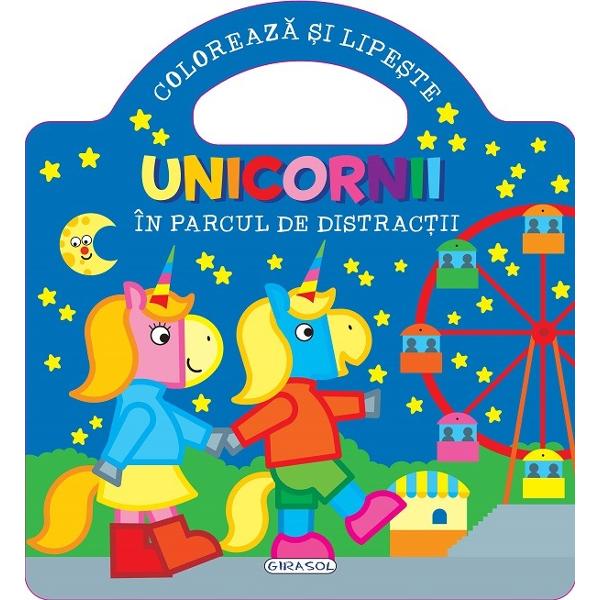 Seria Unicornii Coloreaza si lipeste se adreseaza copiilor de peste 3 ani invatandu-i cuvinte noi intr-un mod distractiv colorand fiecare desen in culorile conturului si lipind abtibildurile care au aceeasi culoare in fundal Ilustratii color de Jordi Busquets