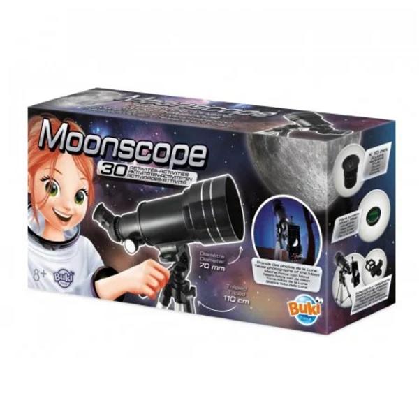 Acest telescop a fost special conceput pentru a observa Luna &537;i are un diametru mare un ocular K 10 mm &537;i un filtru lunarDe asemenea are un adaptor pentru smartphone care faciliteaz&259; realizarea fotografiilor de catre copii Include un trepied de 110 cm montat la solInclus 1 telescop lunar 1 trepied 1 ocular ocular 1 filtru lunar &537;i 1 adaptor pentru smartphoneDimensiunile cutiei 4350 x 1200 x 2200 cmVarsta recomandata 8 