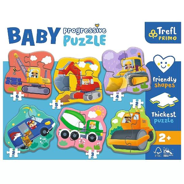 Puzzle Baby Progressive ofera pana la 6 puzzle-uri de forma mare pentru copii mici intr-un singur pachetSetul include 6 puzzle-uri compuse din 2 3 4 5 sau 6 piese puzzle-uri fiind concepute pentru copii de la 2 ani Numarul tot mai mare de elemente si nivelul de dificultate il fac un produs ideal pentru a incepe aventura puzzle-ului Cel mai gros carton de pe piata si forma potrivita pentru copii a elementelor ofera o potrivire perfecta pentru mainile mici si fac puzzle-ul sigur 