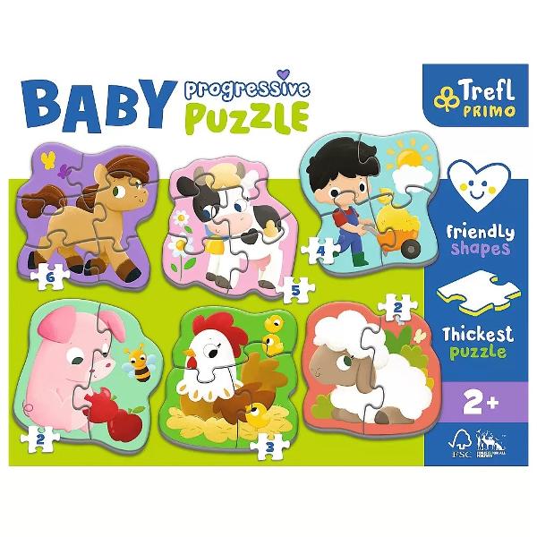 Puzzle Baby Progressive ofera pana la 6 puzzle-uri de forma mare pentru copii mici intr-un singur pachet Setul include 6 puzzle-uri compuse din 2 3 4 5 sau 6 piese puzzle-uri fiind concepute pentru copii de la 2 ani Numarul tot mai mare de elemente si nivelul de dificultate il fac un produs ideal pentru a incepe aventura puzzle-ului Cel mai gros carton de pe piata si forma potrivita pentru copii a elementelor ofera o potrivire perfecta pentru mainile mici si fac puzzle-ul sigur pentru 