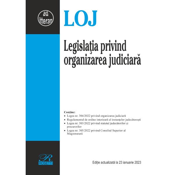 Prezentul volum include Legea nr 3042022 privind organizarea judiciar&259; Legea nr 3032022 privind statutul judec&259;torilor &537;i procurorilor Legea nr 3052022 privind Consiliul Superior al Magistraturii acte normative cunoscute în spa&539;iul public ca ”Legile justi&539;iei” parte a reformei continue a serviciului public al justi&539;ieiEste inclus &537;i Regulamentul de ordine interioar&259; al instan&539;elor aprobat de 