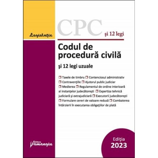 Codul de procedura civila si 12 legi uzuale cuprinde textul la zi al Codului de procedura civila iar in extras sunt redate dispozitiile tranzitorii si de punere in aplicare din Legea nr 762012 si din Legea nr 22013 In plus contine integral sau in extras 10 dintre cele mai uzuale acte normative care intregesc cadrul legal al procedurii civile Regulamentul de ordine interioara al instantelor judecatoresti contenciosul administrativ regimul juridic al 