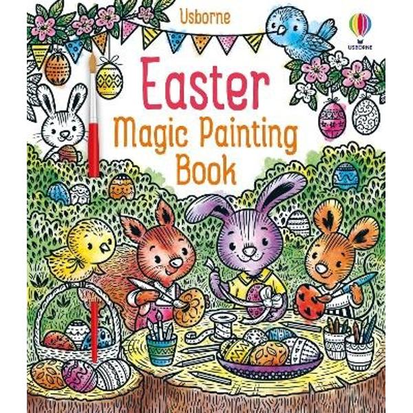 Packed with delightful scenes showing Easter bunnies chicks and other creatures in flowery spring settings Simply brush water over the black and white designs to reveal an array of uplifting colours 