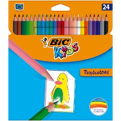 Creioanele de colorat BIC Kids Tropicolors sunt minunate pentru copiii cu varsta mai mare de 5 ani Aceste creioane de colorat au o forma hexagonala iar corpul lor are aceeasi culoare ca si mina de colorat; astfel acestea pot fi recunoscute cu usurinta si se pot diferentia usor culorile Cu mina lor de 29 mm copiii pot crea desene frumoaseBIC Kids Tropicolors sunt disponibile intr-o paleta de 24 culori intens luminate De peste 65 de ani BIC produce articole de calitate BIC KIDS este o 