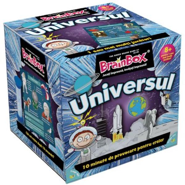 Joc educativ BrainBox UniversulBrainbox Universul este conceput pentru a fi jucat impreuna cu familia si prietenii Va imbunatati spiritul de observatie capacitatea de memorare si cunostintele despre cateva informatii din universul mare ne inconjoara si modul in care omenirea l-a exploratObiectivul jocului Fii jucatorul cu cele mai multe cartonase adunate dupa 10 minuteDaca esti cel mai tanar jucator tragi un cartonas din cutie si intorci clepsidra Studiezi 