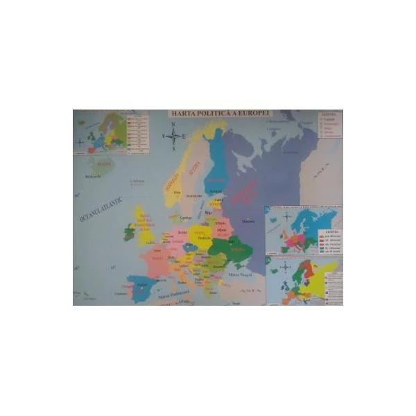 Harta fizica si politica a Europei Contine date geografice pe scurt despre Europa; cate o harta mica actualizata in 2016 a densitatii medii a populatiei statelor a repartitiei teritoriale a familiilor si subfamililor lingvistice si a extensiunii Uniunii Dimensiune A3 div 
