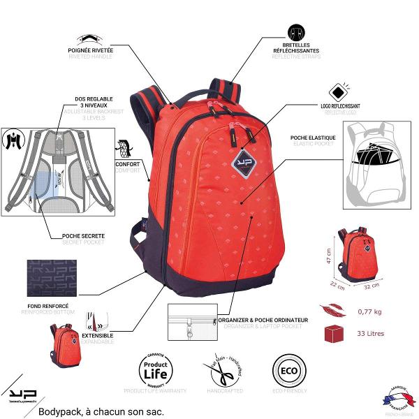 Bodypack este un brand francez cu o istorie de 65 de aniRucsac Bodypack 2 compartimente extensibil Power Red2 compartimente principale;Fermoar pentru extensie ghiozdan;1 buzunar pe spate;Buzunar pentru laptop;Bretele ajustabile;Sistem Air Flow Avantaje generale rucsacuri 