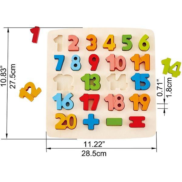 Unu doi trei Numararea este foarte distractiva Dar puteti numara pana la 20 Acest puzzle colorat ofera copiilor prima lor introducere in lumea numerelor si include simboluri matematice pentru cursantii mai avansati Goliti piesele puzzle-ului si apoi puneti-le inapoi in puzzle in ordinea corecta Excelent pentru invatarea numerelor si abilitatile motorii Luati piesele puzzle-ului si puneti-le pe o suprafata dura pentru joc independent Copiii mai in varsta pot folosi simbolurile 