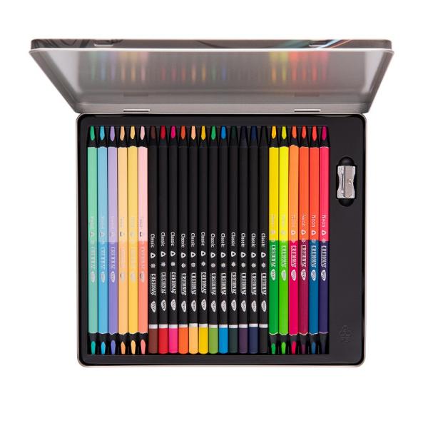Set creioane colorate ambalate in cutie metalica cu un design atractiv si colorat Creioanele  sunt de calitate inalta cu mina moale rezistenta la apaCaracteristici24 de creioane 36 culori12 creioane 12 culori clasice6 creioane 12 culori neon6 creioane 12 culori pastelcontine ascutitoaregrosimea minei este de 4 mm