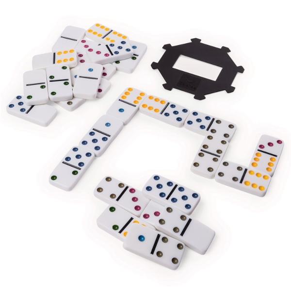 Acesta este un set de 28 domino-uri duble standard Setul include de asemenea o piesa Starter Bucurati-va de jocurile clasice de domino cu instructiuni complete incluse Are un compartiment de depozitare metalic Distractie pentru intreaga familie