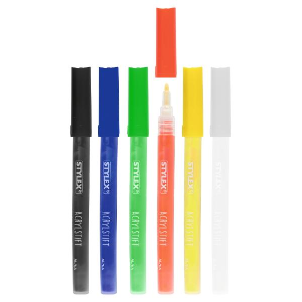 6 x markere acrilice cu vopsea permanent&259; pentru piatr&259; sticl&259; por&539;elan &539;es&259;tur&259; &537;i multe alteleSetul include urmatoarele culori galben ro&537;u albastru verde negru &537;i albL&259;&539;imea liniei este de de aprox 1 - 2 mm 