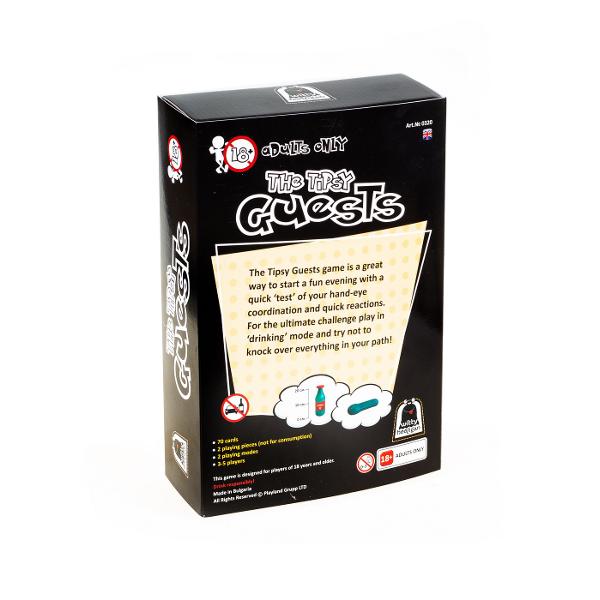 The Tipsy Guests este un joc pentru adultii peste 18 ani din seria Witty Hooligan În ea jucatorii trebuie sa plaseze comenzi de mancare si bautura dar pentru a le primi trebuie sa fie deosebit de rapizi - doar cel care prinde primul castravetele sau sticla va primi ceea ce a comandat Pachetul contine 70 de carti1 sticla1 castravete Jocul se poate juca in 3-5 jucatori