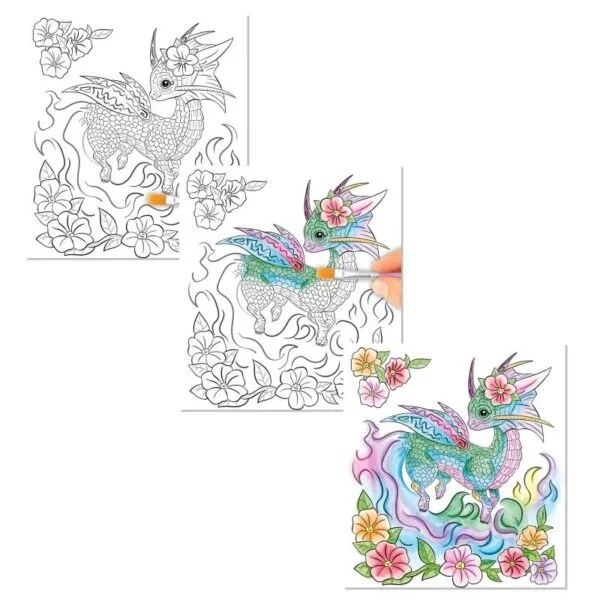 O carte de colorat cu adev&259;rat magic&259; Cartea de colorat cu apa Dragon Love de la TOP Model are 30 de pagini de colorat Dac&259; uda&539;i pensula inclus&259; &537;i picta&539;i peste liniile alb-negru ale motivelor fantastice din lumea dragonilor TOP Model culorile frumoase devin vizibile