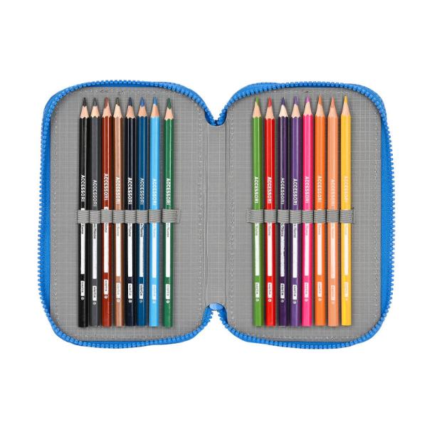Contine 36 de piese guma de sters creion grafit stilou albastru ascutitor rigla albastra gravata &537;i semicerc compartimentul 1 16 culori de lemn compartimentul 2 14 markere colorate al 3-lea compartimentspan classVIiyi 