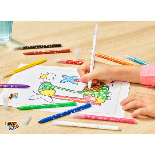 Aprindeti imaginatia unui copil cu BIC Kids Magic Felt Pens Pachetul contine 10 markere colorate si 2 radiere ce permit copiilor de peste 5 ani sa creeze efecte speciale Perfect atat pentru acasa cat si pentru scoala sau in calatorii Varful markerelor de coloriaj este rezistent sub presiune iar culoarea se spala cu usurinta de pe cele mai multe tesaturiDe peste 65 de ani BIC produce instrumente de scris de calitate la pre&539;uri accesibile pentru toti vândute pe tot 