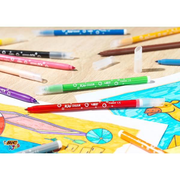 Produsele din gama BIC Kids ofera instrumente de coloriaj concepute pentru a oferi copiilor unelte usor de folosit pentru a ii ajuta sa creasca si pentru a le dezvolta creativitatea Markerele de colorat Kid Couleur sunt destinate copiilor cu varsta de 5 sau mai mult de 5 ani pentru micile lor proiecte de colorat de zi cu zi Markerele BIC Kid Couleur vin in 12 culori luminoase pentru desene cu un contrast ridicat care se evidentiaza in pagina Proiectate cu un varf mediu fix care nu poate 