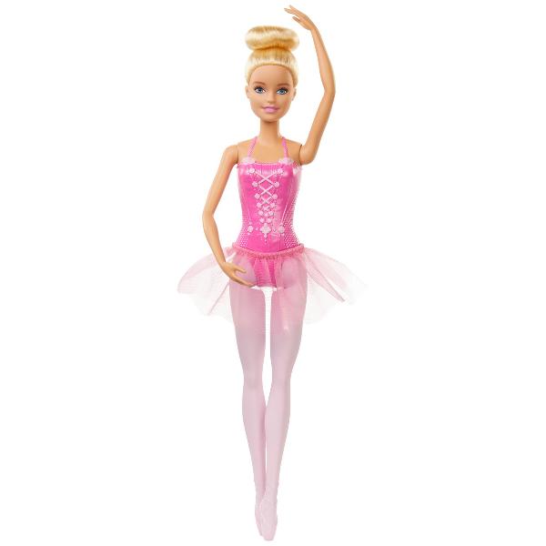 Barbie balerina blonda are o tinuta superba Costum de balet are o culoare deschisa si placuta la vedere este un roz culoarea preferata a fetitelor Papusa are un corset cu detalii incantatore o fustita detasabila si pantofi tematici potriviti pentru pasi de balet Aspectul de poveste e completat de cocului elegant Impreuna cu Barbie balerina fetitele pot incepe distractia cu propria coregrafie Aceste papusi din colectia Barbie balerina au bratele si picioarele in pozitia de balet