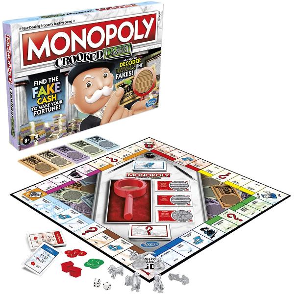 Jocul Monopoly Crooked Cash prezinta un joc clasic Monopoly cu o intorsatura Mr Monopoly Decoder ii ajuta pe jucatori sa gaseasca falsuriInclude decodor atunci cand un jucator plateste pentru ceva adversarii pot folosi decodorul pentru a vedea daca au folosit bani falsi Va dezvalui tipare ascunse pentru a determina daca este real Daca este fals puteti pastra baniiCarduri de oportunitate fii atent Cardurile pot fi si ele false Un jucator a folosit o carte de oportunitate pentru a 